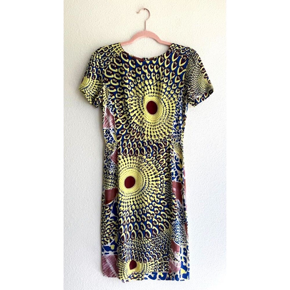 Antik Batik Arly Short Sleeve Pencil Dress in Yellow Blue & Brown Print size S